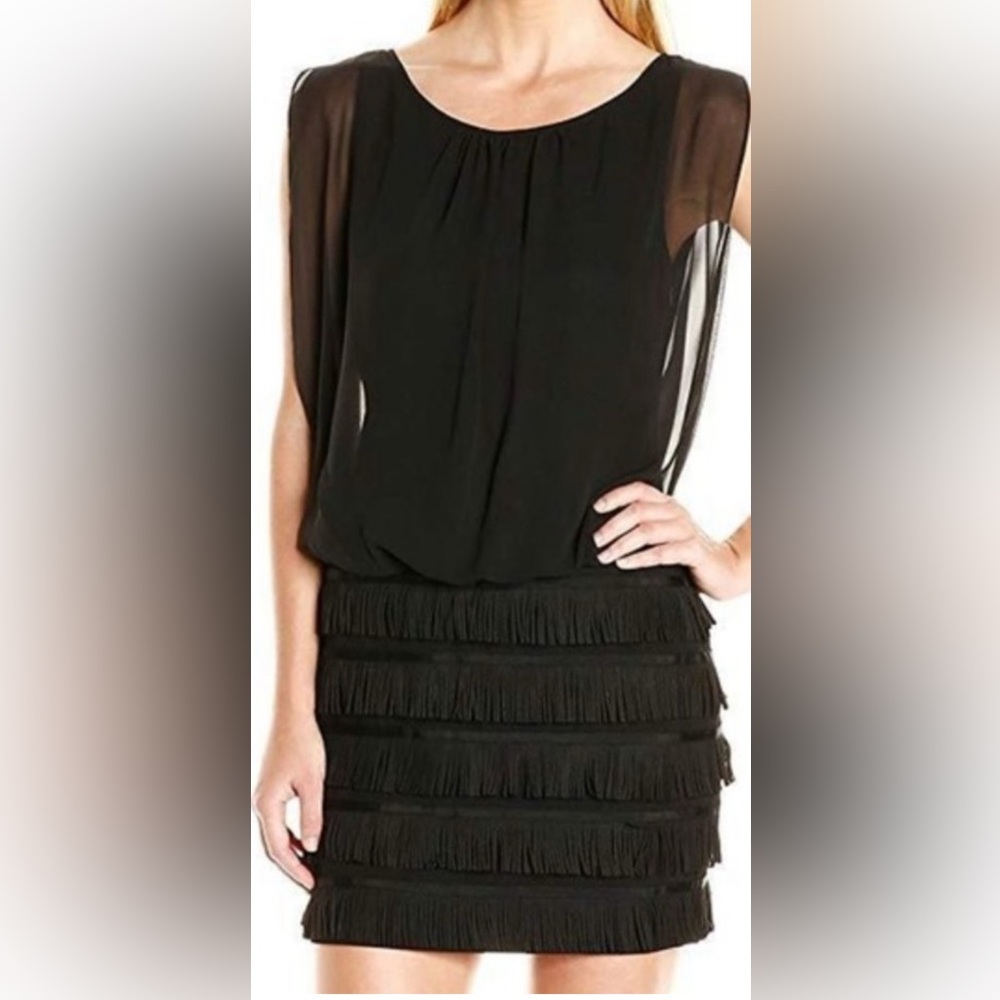Aidan by Aidan Mattox Black Blouson Fringe Detail Keyhole Dress Size 8 US - Picture 2 of 12